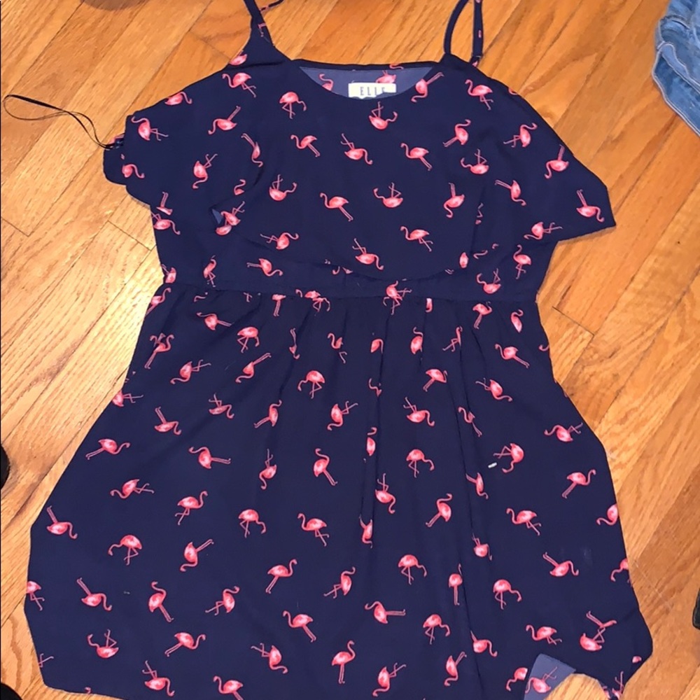 Navy flowy dress with pink flamingo print